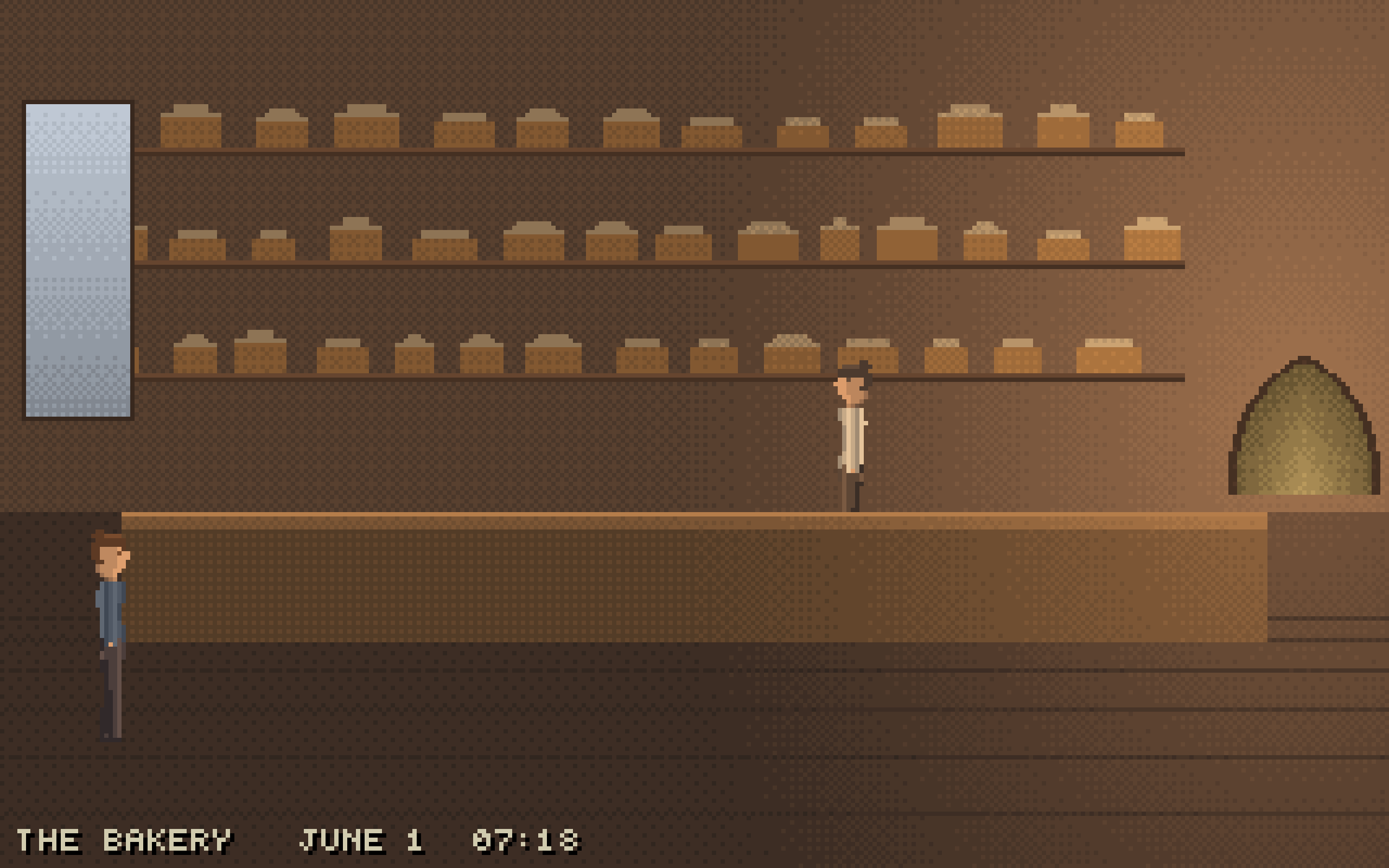 A bakery interior: three shelves of loaves, a long counter, a baker in an apron behind it, a glowing oven mouth at the right, and the walker at the left.