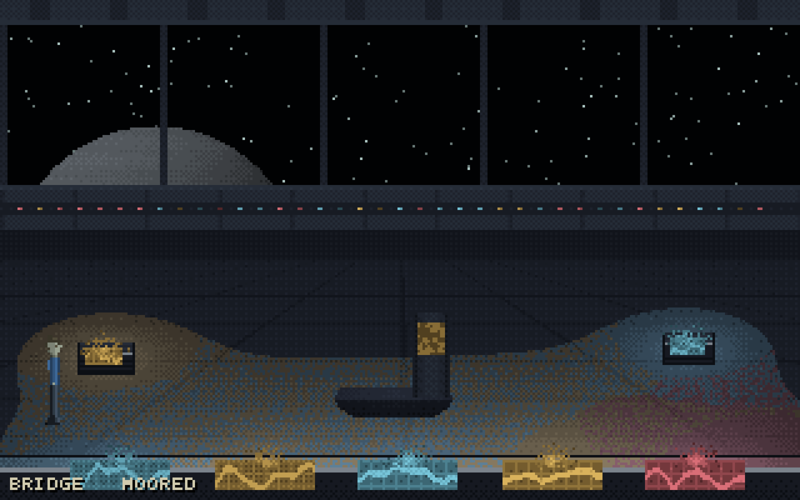 A starship bridge at night: five windows onto a starfield with a moon rising, a console of coloured readouts, a pedestal in the middle. Status line reads BRIDGE, MOORED.