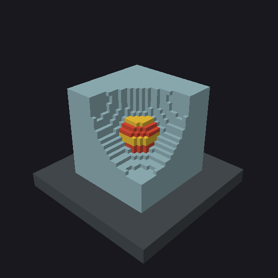 A pale blue voxel cube with a spherical bite taken out of one corner, showing stepped inner walls, and a small red-and-yellow striped voxel ball sitting inside the hollow.