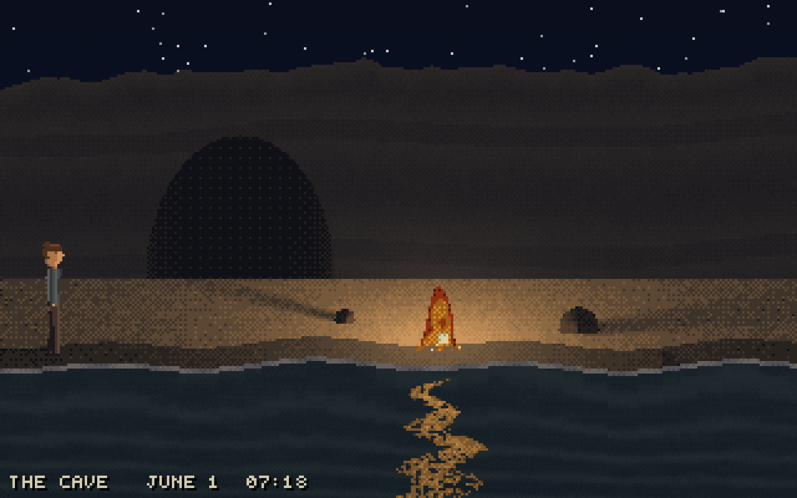 An oceanside cave at night, stars overhead, a fire burning on the sand, its light running out across the water. A small figure stands at the left.