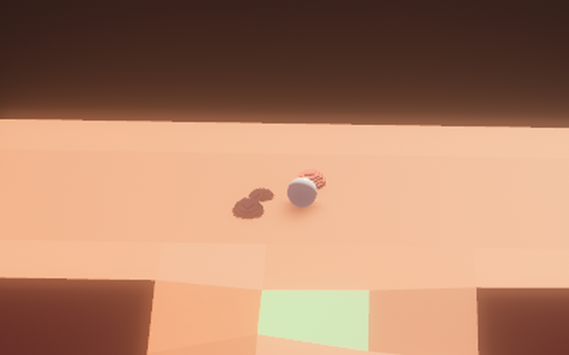 Close crop of an orange platform: the smooth white player marble with a stepped, blocky red enemy marble pressed against it and two more red enemies just behind.