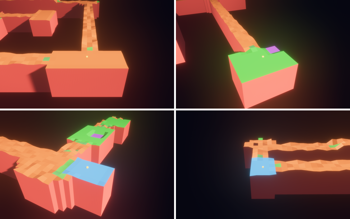 Four first intro frames from different levels. A goal on an orange block with corridors behind it; a goal on a green room with a small purple bowl patch; a wide stretch of rippled orange terrain next to a blue goal platform and a green room with a purple dimple; two long parallel orange corridors running off from a blue goal platform.