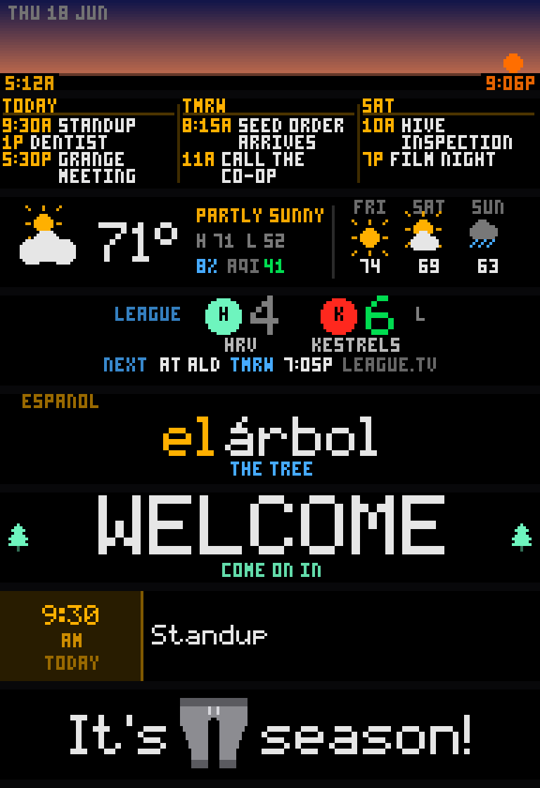Eight stacked 192x32 panels: a sunrise sky with first and last light, a three-column agenda, weather, league scores, a Spanish word of the day, a welcome banner, a next-meeting card, and a sprite.