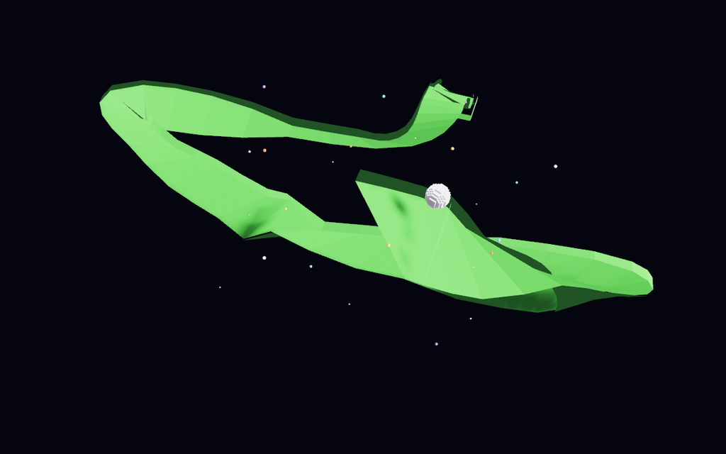 A twisting green ribbon track floating in a dark void, looping back on itself with banked curves, a blocky white marble near the middle and scattered coloured particles around it.