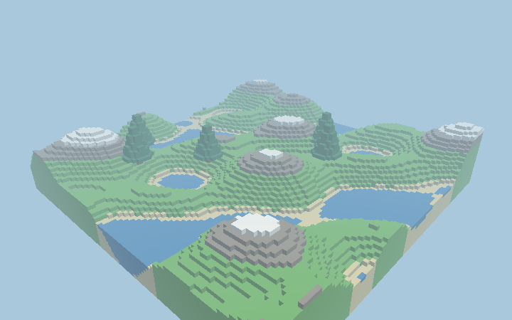 A 96-wide block of voxel terrain: green terraced hills, grey rock and white snow caps on the peaks, blue lakes edged with sand, and a few dark green cone-shaped trees, against a pale blue sky.