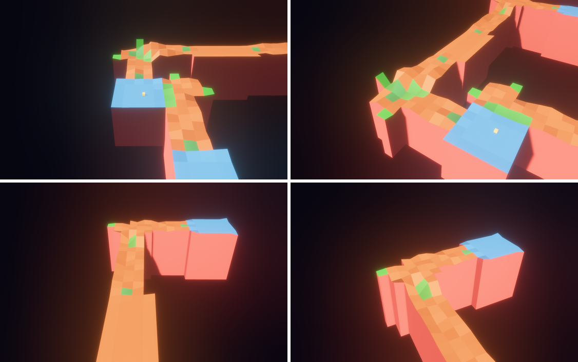 Four frames from the intro camera. Top left: wide view of a blue goal platform with a small gold cube, corridors leading away. Top right: the camera has swung around over a junction. Bottom left: looking down a long orange corridor toward a raised block. Bottom right: settled on the start platform at the top of a corridor.