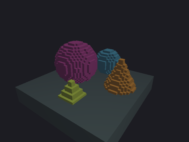 A dark slab with a large magenta voxel sphere, a smaller blue sphere behind it, an orange stepped cone and a small yellow-green stepped pyramid, lit from above with faint fog.