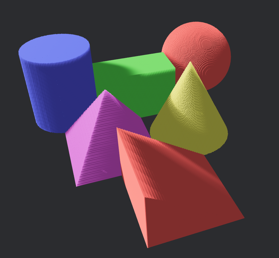 Six voxel primitives at a small voxel size: a blue cylinder, green box, red sphere, yellow cone, magenta pyramid and red ramp, all with smooth-looking curved surfaces.