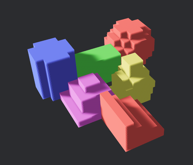 The same six primitives at a large voxel size, now heavily blocky: the sphere and cone are chunky stepped forms.