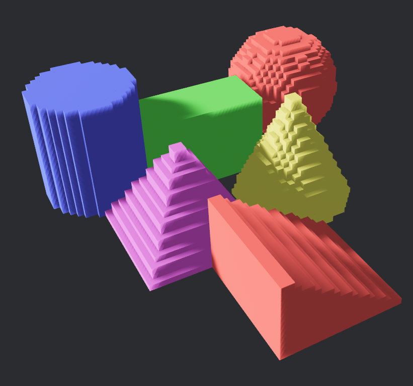 The same six primitives at a medium voxel size, with visible stepping on the curved surfaces.