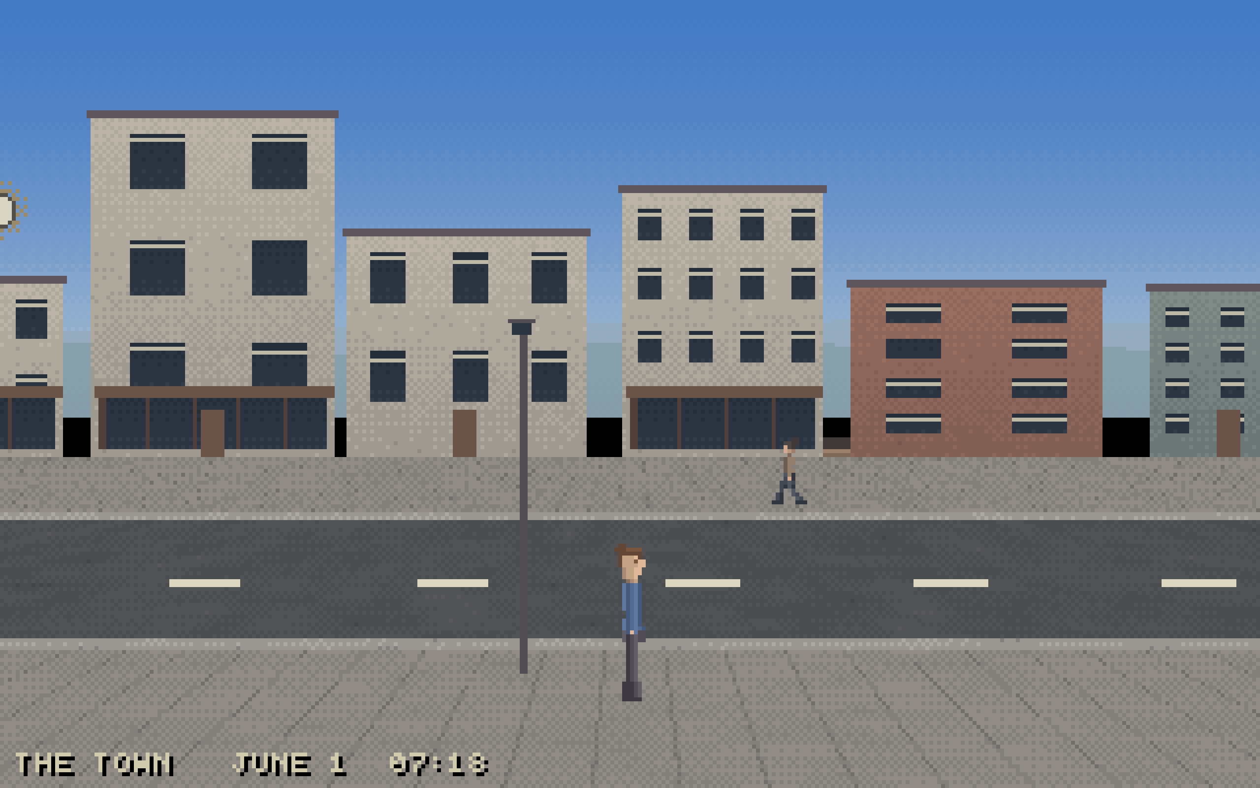 A town street seen side-on: four-storey buildings with shopfronts, a streetlamp, a road with lane markings, one figure crossing and another on the pavement.